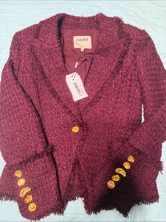 L'AGENCE Jackets & Blazers - L'AGENCE Burgundy Bouclé Blazer with Gold Buttons